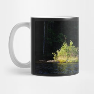 Small lush island in sunlight at lake shore Mug